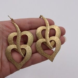 Vintage Rainbow Heart Dangly Earrings Gold Tone 1980s Retro Costume Jewelry